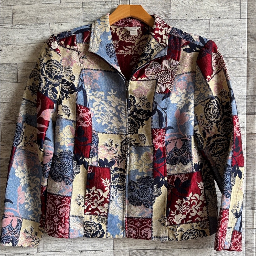 tapestry Jacket Floral CJ Banks‎ Womens Large Red Blue Zip-up Blazer Patchwork